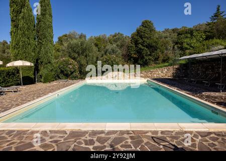 Une piscine sur la colline de Montemassi entourée de cyprès et de lauriers roses dans la province de Grosseto. Italie Banque D'Images