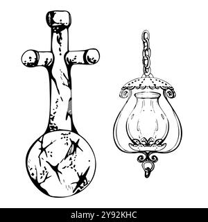 Ancienne lanterne vintage, lampe à gaz de lampadaire ornée en fonte de fer avec chaîne, croix d'église en pierre. Illustration vectorielle d'encre dessinée à la main. Élément unique Illustration de Vecteur