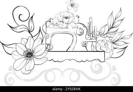 Machine à coudre vintage et fleurs, border6 arrangement. Artisanat dans un style rétro. Ancienne mode, tailoring pour logo, carte postale, tissu, impression Illustration de Vecteur
