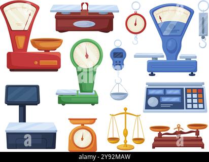 Balances de vente au détail de dessins animés. Balance de stockage isolée pour peser des aliments et des marchandises. Système pesé mécanique et électrique. Équipement de vente au détail de nos jours ensemble de vecteurs Illustration de Vecteur