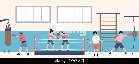 Entraînement de boxeurs. Entraînement Box club, boxe hommes femmes en sparring et entraînement simple. Les athlètes dans la lutte de gants, frappé sac de frappe scène vectorielle récente Illustration de Vecteur