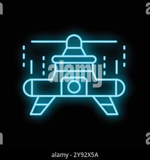 Icône néon bleu vif d'un drone agricole pulvérisant de l'insecticide sur un champ sur un fond noir Illustration de Vecteur