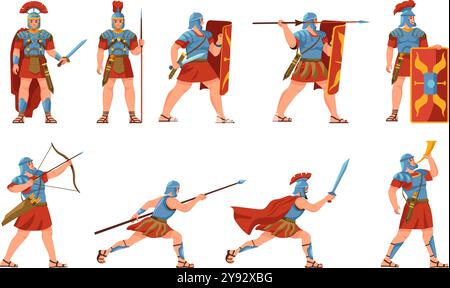 Soldats romains de dessins animés. Soldat blindé armée de l'empire de rome antique, casque d'armure de personnage de guerrier avec l'histoire de bouclier d'épée légion combat guerriers mascotte, illustration vectorielle récente illustration originale Illustration de Vecteur