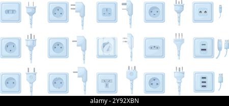 Type de prise de courant. Prises électriques et fiches de fil, adaptateur d'alimentation de chargeur en plastique World Country types de prise électrique ou Internet uk connecteur cartoon set illustration vectorielle soignée illustration originale Illustration de Vecteur