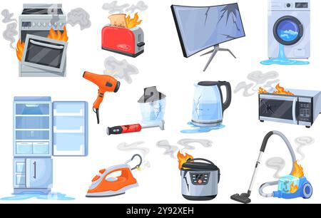 Appareils électroménagers cassés. Appareil électroménager électronique endommagé par le feu problème de réparation d'appareil domestique électrique brûlé, télévision de réfrigérateur de machine de cuisine, illustration vectorielle soignée illustration originale Illustration de Vecteur