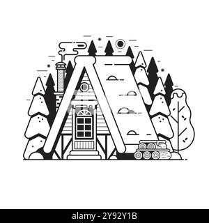 Maison d'hiver enneigée avec bûches dans la forêt Illustration de Vecteur