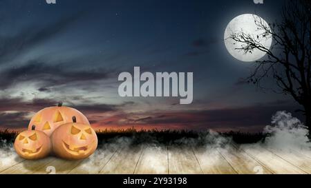 Trois jack o lanterne sur une terrasse en bois avec une grande lune bleue est dans le ciel. La lune est entourée d'un ciel nuageux. La scène est effrayante et mystérieuse. Mocku Banque D'Images