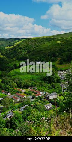 Vue du village de Ceinws depuis le haut montrant des bâtiments dans la vallée boisée et la forêt près de Machynlleth Powys Wales UK Banque D'Images