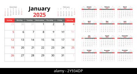 calendrier 2025. Un ensemble vectoriel de calendriers mensuels anglais. Design avec début de dimanche Illustration de Vecteur