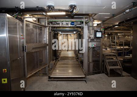 L'usine où le poisson est transformé à bord du Kirkella. Le Kirkella est un chalutier congélateur britannique de morue et d'églefin basé à Kingston upon Hull, en Banque D'Images