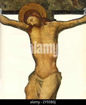 LORENZO Monaco (né vers 1370, Sienne (?), mort vers 1425, Florence) Crucifix découpé (détail) années 1410 Tempera sur bois, 146 x 84 cm Musée des Beaux-Arts, Budapest les considérations financières ont souvent contribué à inciter un client médiéval à acheter un Crucifix peint plutôt qu'une sculpture. Dans ces conditions, il était important pour le peintre de donner l’apparence d’une plasticité maximale à son œuvre, afin qu’elle produise un effet aussi proche que possible de celui d’une sculpture. Au début du XVe siècle, certains maîtres florentins ont amélioré l'effet de plasticité en coupant autour du Banque D'Images