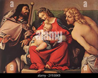 LOTTO, Lorenzo (né vers 1480, Venezia, d. 1556, Loreto) Madonna avec l'enfant et Sts Rock et Sebastian vers 1522 huile sur bois, 80 x 70 cm Collection Contini Bonacossi, Florence --- mots-clés : ------------- Auteur : LOTTO, Lorenzo titre : Madonna with the Child and Sts Rock and Sebastian Time-line : 1501-1550 École : italienne forme : peinture type : religieux Banque D'Images