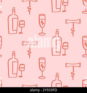 Motif sans couture d'esquisse de verre de vin et de bouteille Illustration de Vecteur