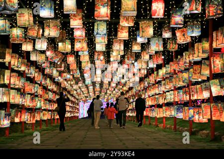 Pékin, province chinoise du Zhejiang. 4 octobre 2024. Les visiteurs apprécient un spectacle de lumière dans une zone pittoresque de la ville de Yuhuan, province du Zhejiang, dans l'est de la Chine, 4 octobre 2024. Crédit : Duan Junli/Xinhua/Alamy Live News Banque D'Images