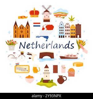 Les éléments de la culture néerlandaise et les monuments d'Amsterdam, drapeau et carte des pays-Bas dans la bannière infographique ronde. Tulipes et vélo, moulin à vent et fromage, sabots en cercle illustration vectorielle de dessin animé Illustration de Vecteur