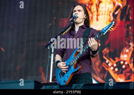 27 juin 2024 : Teemu Mäntysaari se produit avec Megadeth au festival Hellfest Open Air à Clisson Banque D'Images