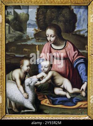 Vierge à l'enfant avec de jeunes saint john par Bernardino Luini (1480/82 - 1532) un peintre italien du nord du cercle Leonardo da Vinci. Banque D'Images