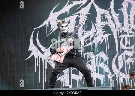 27 juin 2024 : Jack Simmons se produit avec Slaughter to Prevail au festival Hellfest Open Air à Clisson Banque D'Images