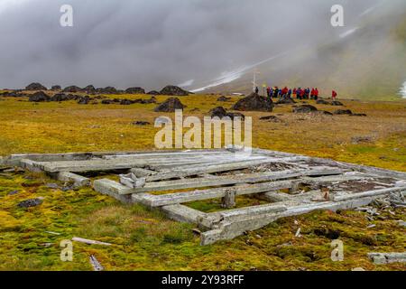 Lindblad Expeditions les clients explorent Cape Flora sur l'île Northbrook dans la terre de Franz Josef, Russie, Océan Arctique, Eurasie Banque D'Images