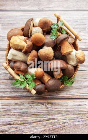 Un éventail de divers champignons frais, y compris différentes formes et couleurs, est exposé aux côtés de brins d'herbes fraîches dans un panier tissé sur un rustique Banque D'Images