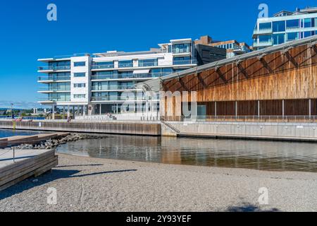 Vue sur la plage de Tjuvholmen, Aker Brygge, Oslo, Norvège, Scandinavie, Europe Banque D'Images