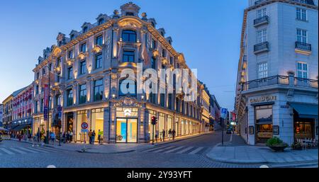 Vue de l'architecture sur Karl Johans Gate au crépuscule, Oslo, Norvège, Scandinavie, Europe Banque D'Images