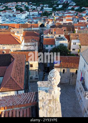 La vieille ville de la Tour Cathédrale Marks, Korcula Town, Croatie, Europe Banque D'Images