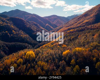 Une prise de vue aérienne époustouflante capture les couleurs vives de l'automne qui couvrent les Pyrénées aragonaises à Huesca près d'Ordesa, mettant en valeur le paysage à couper le souffle Banque D'Images