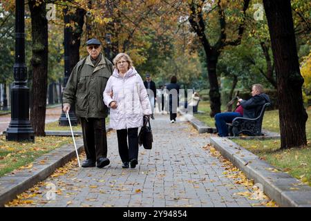 Vieux couple marchant dans le parc d'automne. Homme à canne, vie à la retraite Banque D'Images