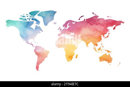 Une carte du monde d'aquarelle vibrante présente un mélange de couleurs douces, mettant en valeur les continents avec des textures artistiques. Parfait pour les projets de conception et le matériel éducatif. Illustration de Vecteur