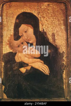 Malouel, Jean (actif 1397-1415) Madone et enfant c. 1410 Tempera sur bois, 10 x 15 cm Musée du Louvre, Paris la figure de demi-longueur de la Vierge, avec l'enfant soutenu par son bras droit, est représentée dans la représentation tridimensionnelle d'un cadre de fenêtre. C'est grâce à l'influence de la peinture siennoise que ce type d'image byzantine a trouvé son chemin vers le Nord. Dans la peinture bourguignonne (et française), c'est la toute première demi-représentation figurative de la Vierge et en tant que telle est restée unique pendant de nombreuses années. Cette petite image (qui est seulement aussi grand qu'un Livre d'heures) ma Banque D'Images