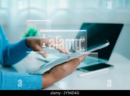 Main humaine utilisant une tablette touchant un écran virtuel affichant des questions et réponses avec intelligence artificielle, apprentissage automatique, technologie IA, IA b Banque D'Images