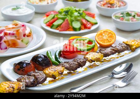 Brochettes de viande grillées avec légumes rôtis et salade fraîche, servies avec sauce crémeuse et garniture de fruits. Banque D'Images