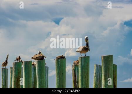 Troupeau de pélicans bruns perché sur des poteaux en bois d'un quai sur la digue de Texas City à Texas City, Texas, États-Unis Banque D'Images