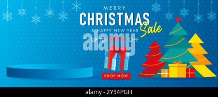 Bannière de promotion de vente de Noël pour démonstration de produit avec cadeaux et arbre de Noël. Offre spéciale de vecteur conception d'affiche du nouvel an avec typographie Illustration de Vecteur