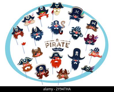 Carnaval de pirate et masques de cabine photo de marin corsaire en chapeaux tricorne, accessoires vectoriels. Mascarade pirate ou masques photobooth de capitaine avec cache-oeil et marin en bandana avec crâne Jolly Roger Illustration de Vecteur