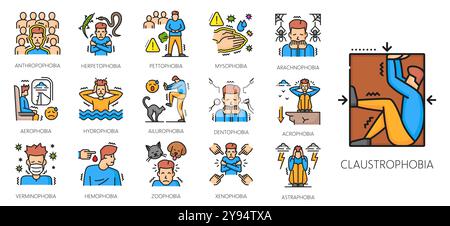 Icônes de ligne de couleur de phobie humaine, santé mentale, problèmes de psychologie. Les hommes effrayés avec des troubles anxieux vectoriels signes de contour. Claustrophobie, acrophobie, arachnophobie, zoophobie et aéroophobie Illustration de Vecteur