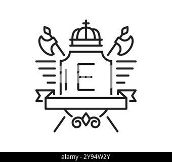 Icône de ligne héraldique médiévale de blason héraldique avec bouclier et couronne de monarque, emblème vectoriel. Symbole héraldique royal de la couronne du roi avec des épées de hache de chevalier croisées sur bouclier avec ruban antique Illustration de Vecteur