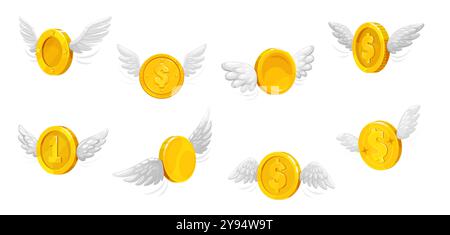 3d pièces d'argent d'or avec des ailes. Monnaie volante vectorielle isolée, enchanteresse, trésors mythiques, scintillants alors qu'ils s'élèvent dans les airs, propulsés par des ailes magiques, symbolisant la prospérité, la fortune Illustration de Vecteur