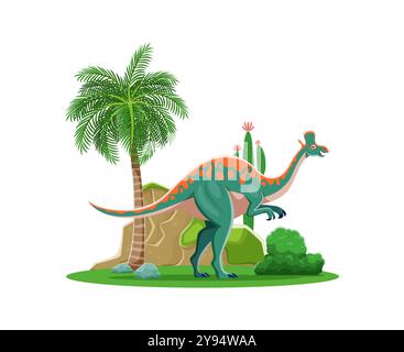 Personnage de dinosaure lambeosaurus préhistorique de dessin animé. Vecteur coloré herbovore Dino à bec de canard, reptile antique dans un paysage tropical luxuriant et vibrant avec palmier, buisson vert, roche et plante de cactus Illustration de Vecteur