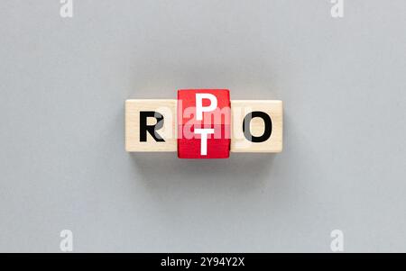 Changement d'acronyme RPO vs RTO. Plan de reprise après sinistre. quantité de données perdues pendant les temps d'arrêt et jusqu'à ce que les systèmes de perspective métier soient pleinement opérationnels Banque D'Images