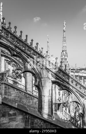 Le magnifique toit ornemental du Duomo de Milan présente des sculptures et des sculptures en pierre complexes sous un ciel clair, reflétant la beauté architecturale de cette cathédrale historique. Banque D'Images