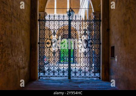 BOLOGNE, ITALIE - 24 SEPTEMBRE 2017 : les portes forgées en dentelle métallique du Palazzo Bevilacqua Ariosti, le 24 septembre à Bologne, Italie Banque D'Images