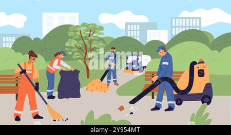Concierges nettoyant la rue. L'équipe de nettoyeurs en uniforme ramasse les ordures et les feuilles tombées dans la cour. Les jardiniers urbains parcourent les chemins du parc. Aspirateur balai Illustration de Vecteur