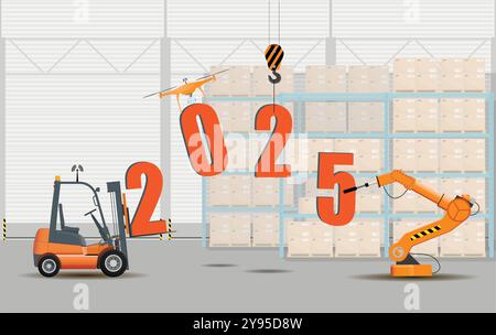 Concept du nouvel an. Chiffres de la nouvelle année 2025 avec l'utilisation de matériel d'entrepôt. Vecteur. Illustration de Vecteur