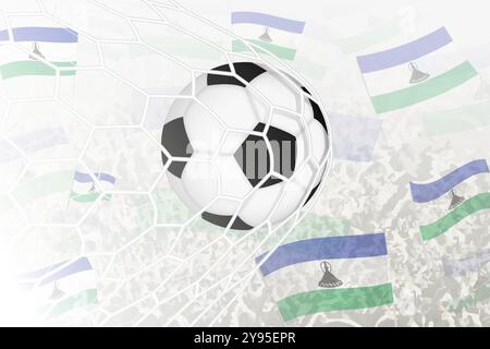 L'équipe nationale de football du Lesotho a marqué un but. Balle dans le filet de but, tandis que les supporters de football agitent le drapeau du Lesotho en arrière-plan. Vecteur illus Illustration de Vecteur