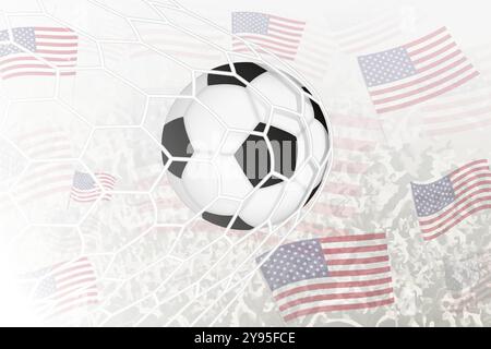 L'équipe nationale de football des États-Unis a marqué un but. Balle dans le filet de but, tandis que les supporters de football agitent le drapeau des États-Unis en arrière-plan. Illustration vectorielle. Illustration de Vecteur