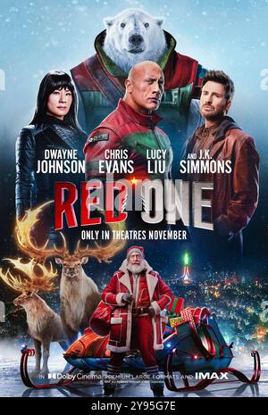 Red One (2024) réalisé par Jake Kasdan et mettant en vedette J.K. Simmons, Dwayne Johnson, Chris Evans et Lucy Liu. Après l'enlèvement du Père Noël - nom de code : RED ONE -, le chef de la sécurité du Pôle Nord doit faire équipe avec le chasseur de primes le plus tristement célèbre au monde dans une mission pleine d'action et de globe-trotting pour sauver Noël. Affiche US One Sheet ***USAGE ÉDITORIAL SEULEMENT***. Crédit : BFA / Amazon Studios Banque D'Images