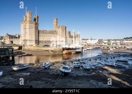 Les bateaux sont amarrés dans la rivière Afon Seiont sous le château de Caernarfon à Gwynedd, au nord du pays de Galles. Banque D'Images