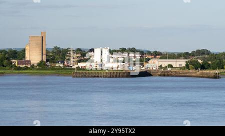 Les mâts de grands navires et les silos à grains s'élèvent des docks de Sharpness dans le Gloucestershire, vus de l'autre côté de l'estuaire de la Severn à Lydney. Banque D'Images